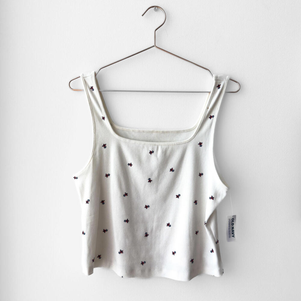 NWT Old Navy White Floral Square-Neck Ultra-Cropped Rib-Knit Tank Top XL‎